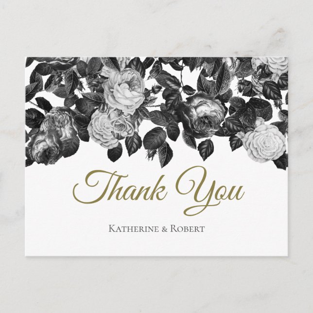 Elegant Vintage Black White Roses with Message Postcard (Front)