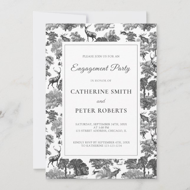 Elegant Vintage Black White Toile Deer  Invitation (Front)