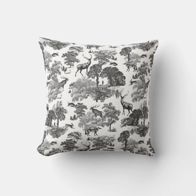Elegant Vintage Black White Toile Deer Pattern Cushion (Front)