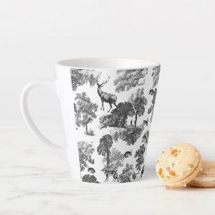 Elegant Vintage Black White Toile Deer Pattern Latte Mug