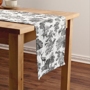 Elegant Vintage Black White Toile Deer Pattern  Medium Table Runner