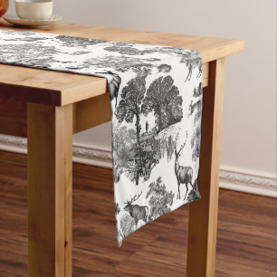 Elegant Vintage Black White Toile Deer Pattern Medium Table Runner