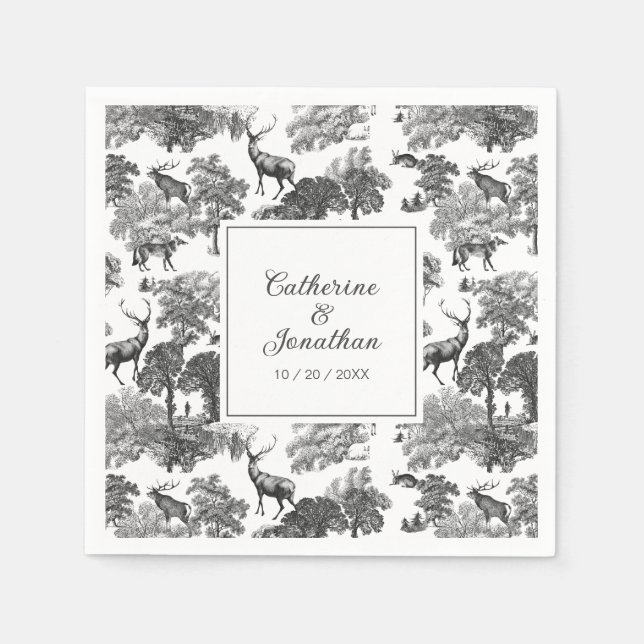 Elegant Vintage Black White Toile Deer Pattern  Napkin (Front)