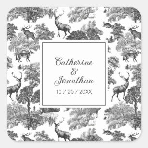 Elegant Vintage Black White Toile Deer Pattern Square Sticker