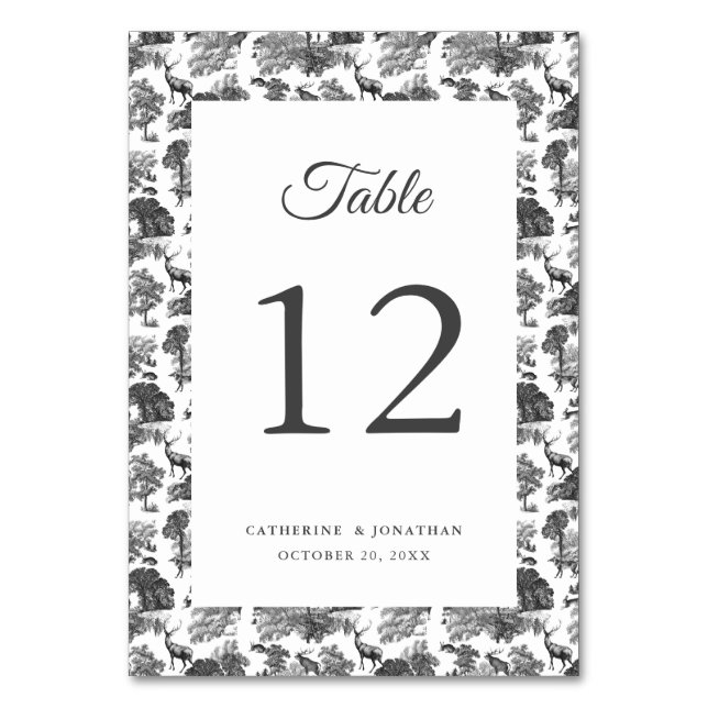 Elegant Vintage Black White Toile Deer Table Number (Front)