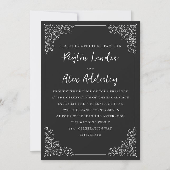 Elegant Vintage Black White Wedding Invitation (Front)