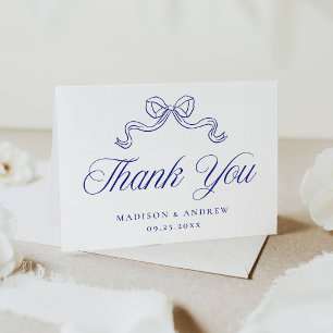 Elegant Vintage Blue Bow Photo Wedding Thank You Card