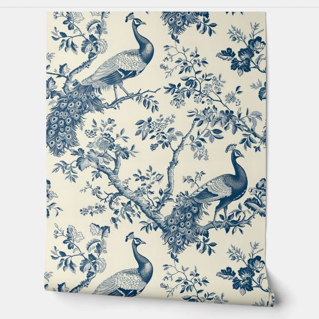Elegant Vintage Blue Chinoiserie Peacock Wallpaper (Unrolling)