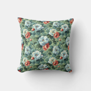 Elegant Vintage Blue & Coral Floral Cushion