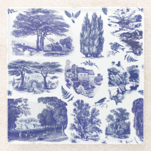 Elegant Vintage Blue Country Pastoral Toile Glass Coaster