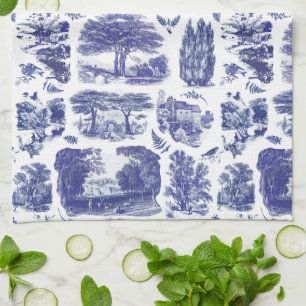 Elegant Vintage Blue Country Pastoral Toile Tea Towel