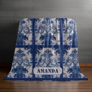 Elegant vintage Blue damask repeat pattern  Fleece Blanket