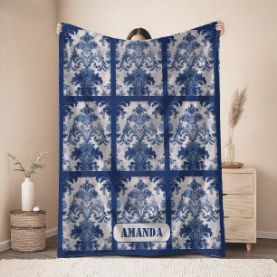 Elegant vintage Blue damask repeat pattern  Fleece Blanket