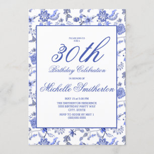 Elegant Vintage Blue Floral 30th Birthday Women Invitation
