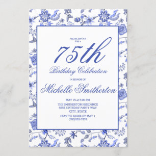 Elegant Vintage Blue Floral 75th Birthday Women Invitation