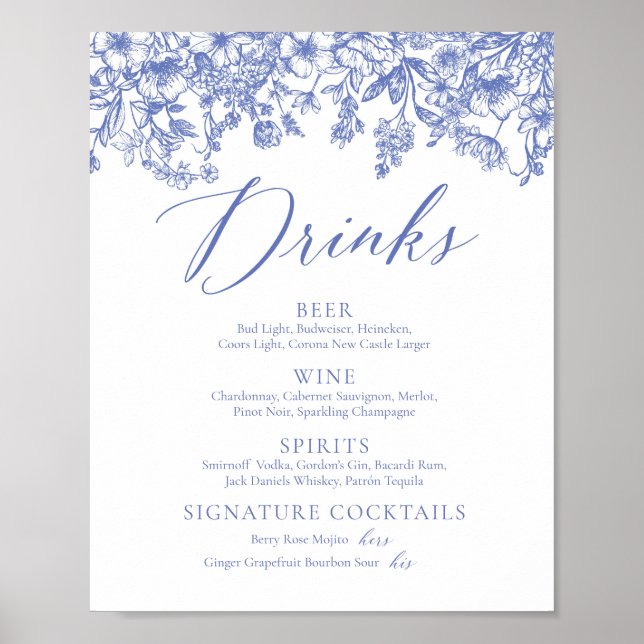 Elegant Vintage Blue Floral Drinks Menu Sign (Front)