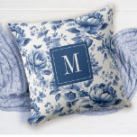 Elegant Vintage Blue Floral English Garden Cushion<br><div class="desc">A beautiful blue and white monogram with a floral english garden pattern decorate this throw pillow. Personalise it with your monogram initial. Designed for you by blackberry Boulevard.</div>