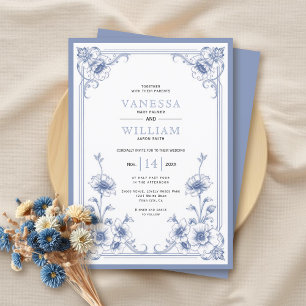 Elegant vintage blue floral frame wedding invitation