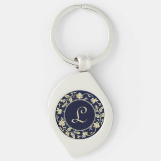 Elegant Vintage Blue Floral Initial Monogram Key Ring