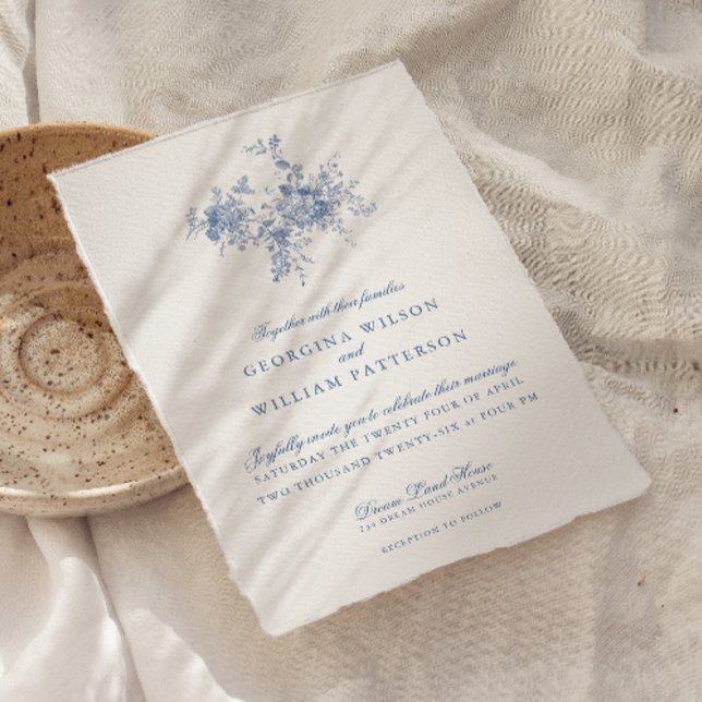 Elegant Vintage Blue Floral Jouy Wedding Invitation (Creator Uploaded)