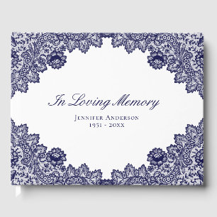 Elegant Vintage Blue Floral Lace Memorial Funeral Guest Book