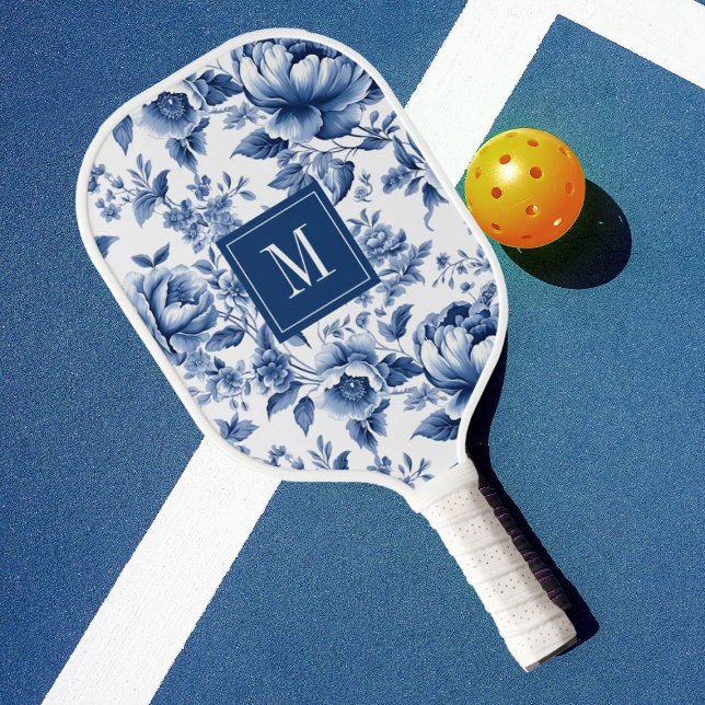 Elegant Vintage Blue Floral Monogram Pickleball Paddle (A pretty monogram blue floral pattern pickleball paddle. So stylish and personalized.)