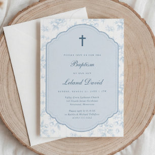 Elegant Vintage Blue Floral Toile Boy Baptism Invitation