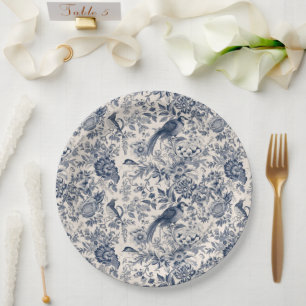 Elegant Vintage Blue Floral Toile de Jouy Paper Plate