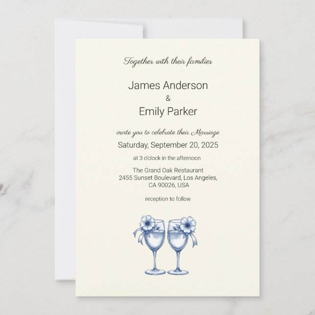 Elegant Vintage Blue Floral Wedding Invitation (Front)