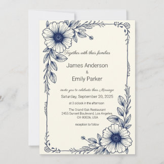 Elegant Vintage Blue Floral Wedding Invitation