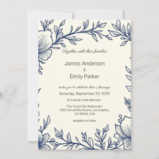 Elegant Vintage Blue Floral Wedding Invitation