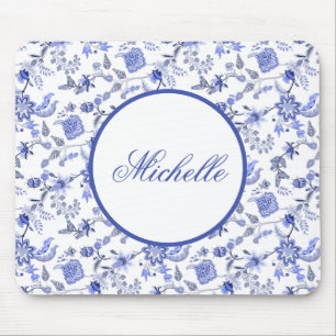 Elegant Vintage Blue Floral White Name Mouse Mat