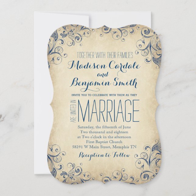 Elegant Vintage Blue Flourish Wedding Invitations (Front)