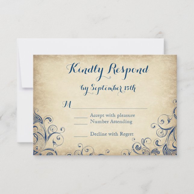 Elegant Vintage Blue Flourish Wedding RSVP Cards (Front)