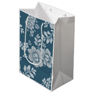 Elegant Vintage Blue Flower Pattern Medium Gift Bag