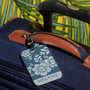 Elegant Vintage Blue Flower Pattern Personalised Luggage Tag