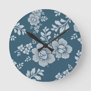 Elegant Vintage Blue Flower Pattern Round Clock