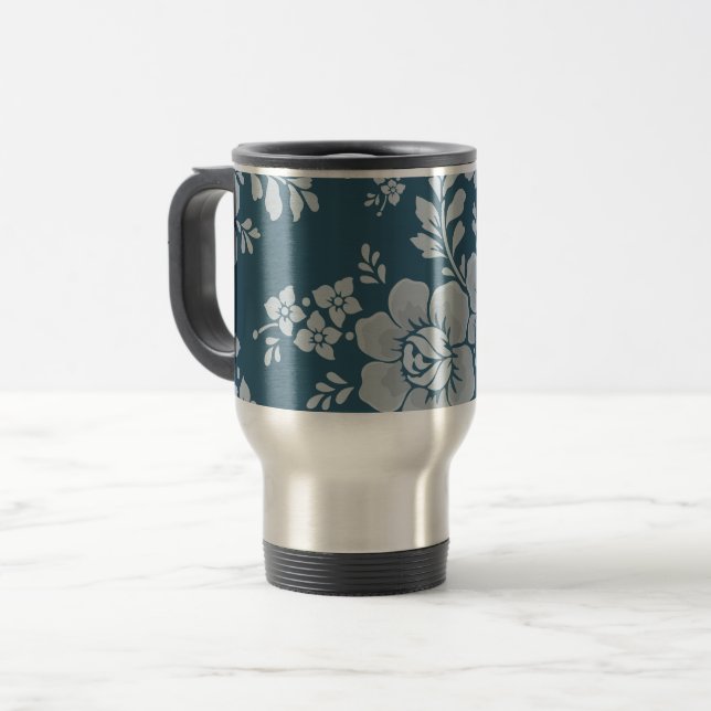 Elegant Vintage Blue Flower Pattern Travel Mug (Front Left)