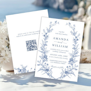 Elegant Vintage Blue French Garden Wedding QR code Invitation