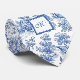 Elegant Vintage Blue French Toile Monogram Pattern Tie