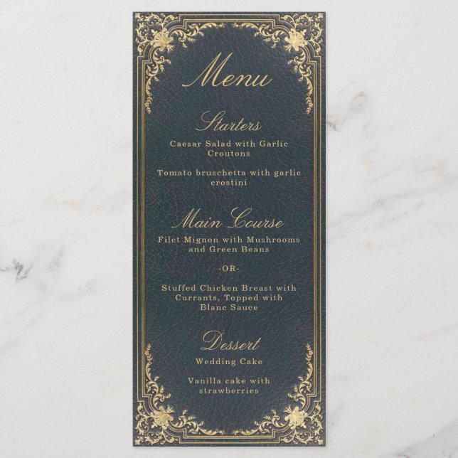 Elegant Vintage Blue Gold Calligraphy Wedding Menu (Front)
