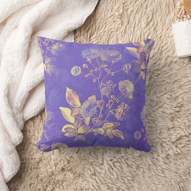 Elegant Vintage Blue Gold Floral Illustration Cushion (Blanket)