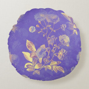 Elegant Vintage Blue Gold Floral Illustration Round Cushion