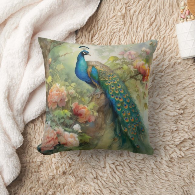 Elegant Vintage Blue Green Peacock Pink Flowers  Cushion (Blanket)
