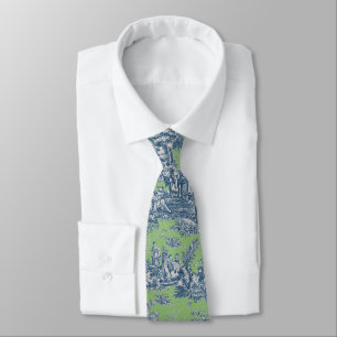Elegant vintage blue green toile de jouy printed tie