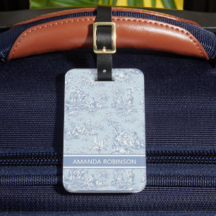 Elegant vintage blue grey toile de jouy luggage tag