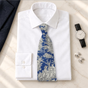 Elegant vintage blue grey toile de jouy printed tie