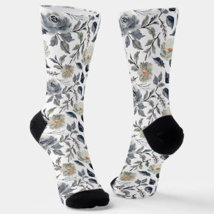 Elegant Vintage Blue Grey Watercolor Floral Botani Socks