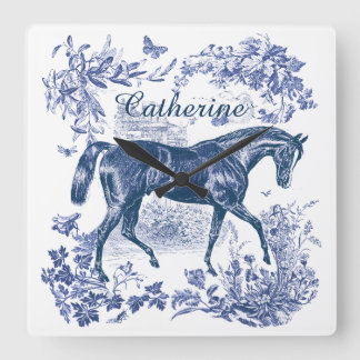 Elegant Vintage Blue Horse Country Toile Name Square Wall Clock