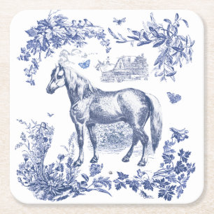 Elegant Vintage Blue Horse Floral Square Paper Coaster
